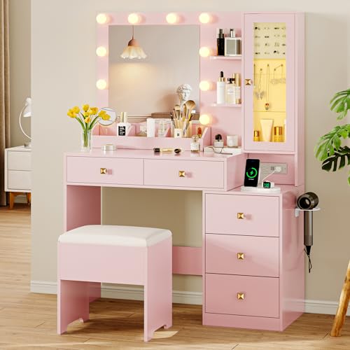 Vanity Desk with Mirror and Lights, Makeup Vanity Table Set with 5 Storage Drawers, Power Outlet & Chair, Small Dressing Table with RGB Ambient Light, Adjustable Brightness for Girls Bedroom, White