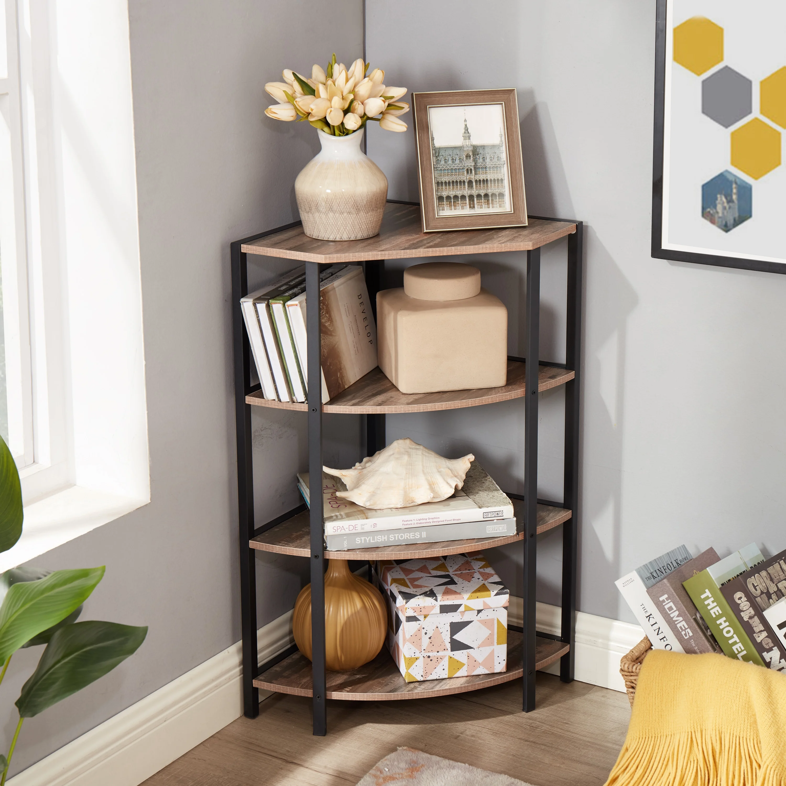 Corner Shelf,4-Tier Display Shelves,Wood Storage Stand with Metal Frame,Multipurpose Shelving Unit for Small Space,Kitchen,Bedroom,Living Room,Dining Room,Home Office