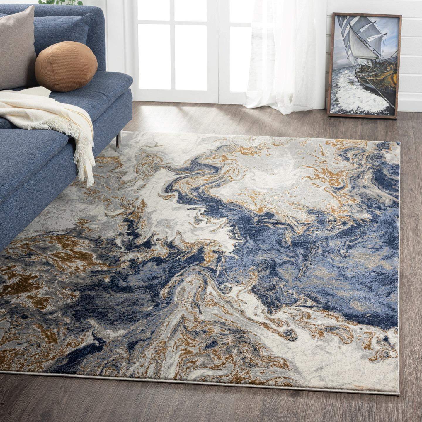 Luxe Weavers Marble Swirl Collection Blue Abstract 8x10 Area Rug Gold (7'4