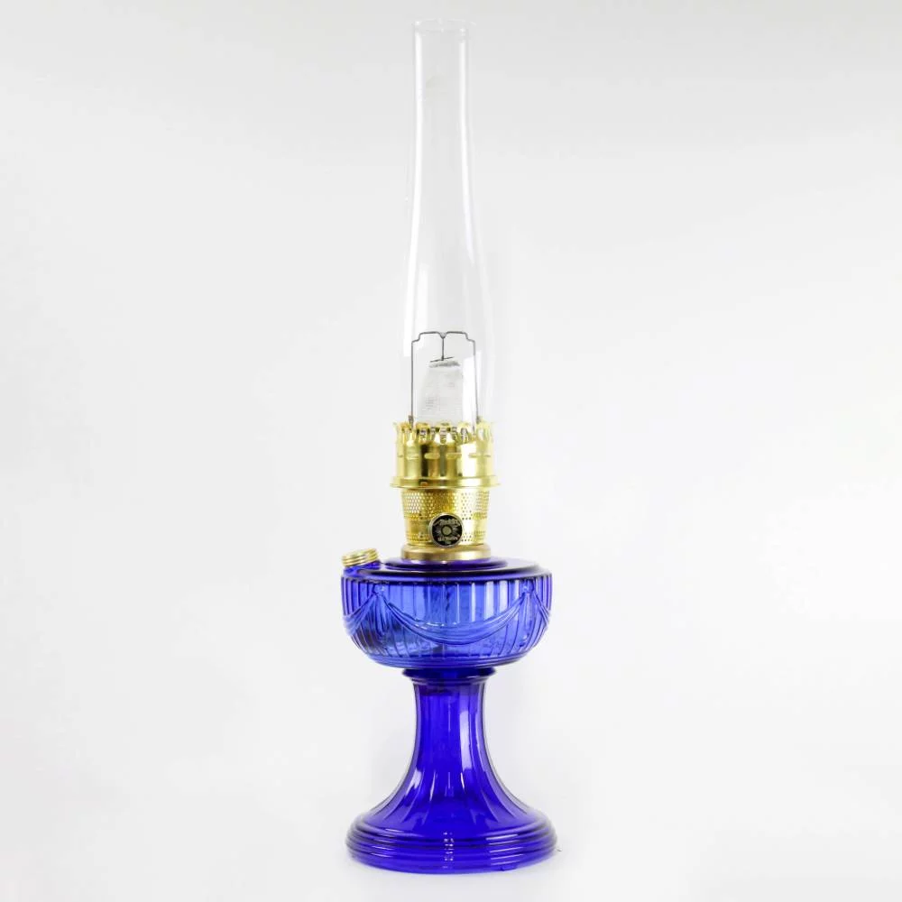 Aladdin Cobalt Lincoln Drape Table Oil Lamp Brass with Blue Meadow Shade, 24