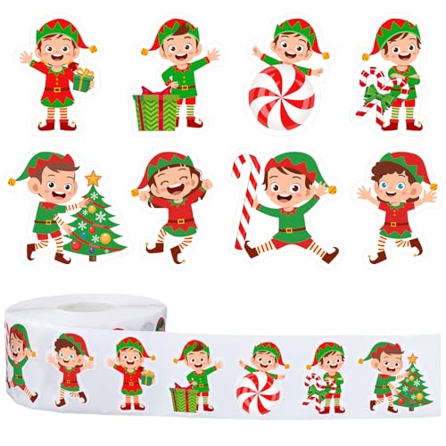1000Pcs Christmas Stickers Roll 8 Designs Elves Decals Assorted Funny Cartoon Xmas Elf Adhesive Decorative Stickers for Gift Greeting Card Party Supplies