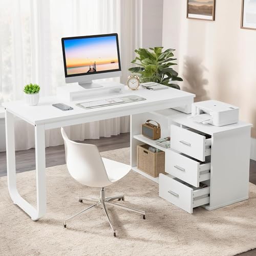 55 Inch Reversible L Shaped Computer Desk with 3 Drawers, Corner Desk with Storage Shelves and Removable Monitor Stand, White and Walnut