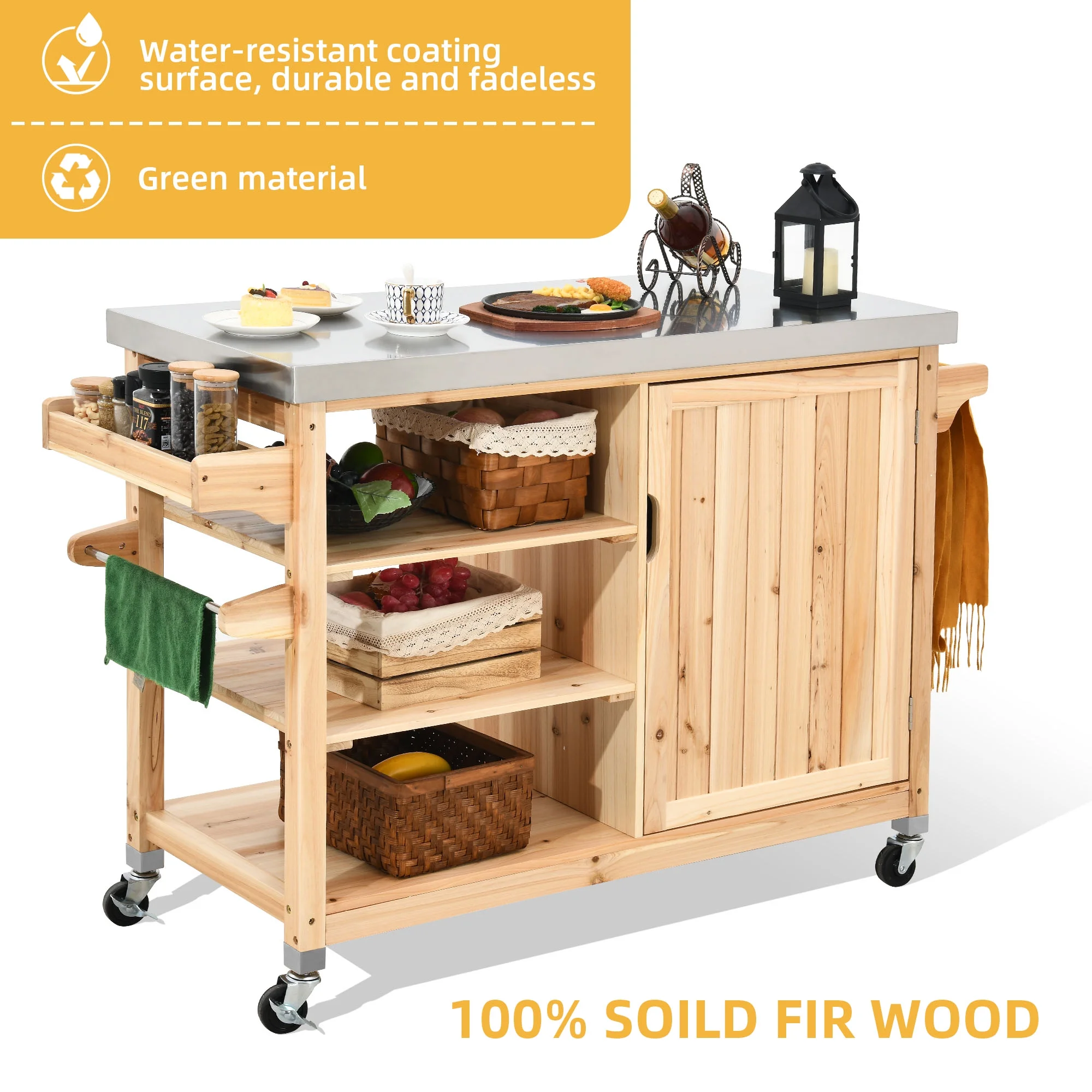 DWVO Outdoor Table and Storage Cabinet Solid Wood Movable Grill Table with Stainless Steel Top for Outside Patio Kitchen Island or Bar Cart - Natural