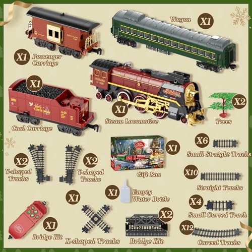 Electric Train Set for Kids with Remote Control, Classic Steam Locomotive with Smoke, Lights & Sounds, Kids Christmas Trains Tracks Toys for Christmas