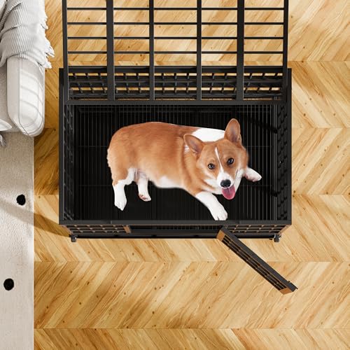Shintenchi 48 inch Heavy Duty Crates for Large Dog, Indestructible and Escape-Proof Cage Kennel with Lockable Wheels, Double Door High Anxiety with Removable Tray, Black