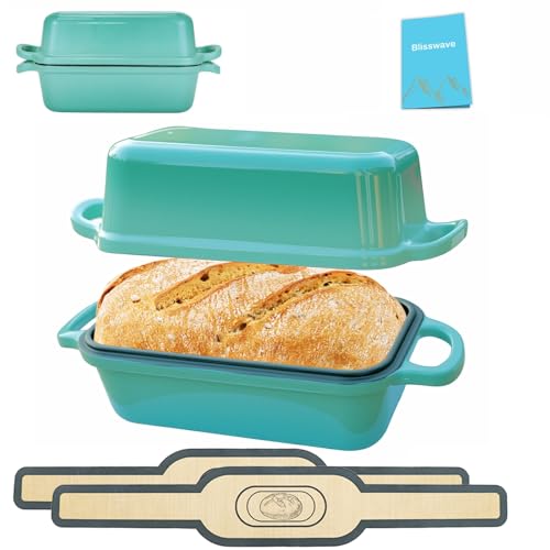 9X5 Inch Enameled Cast Iron Bread Pan with Lid, 2 in 1 Bread Pans for Homemade Bread – Sourdough Loaf Pan for Baking, Heavy-Duty Bread Baking Pan, Bread Loaf Pan with Lid, 2 Piece Set(Lake blue)
