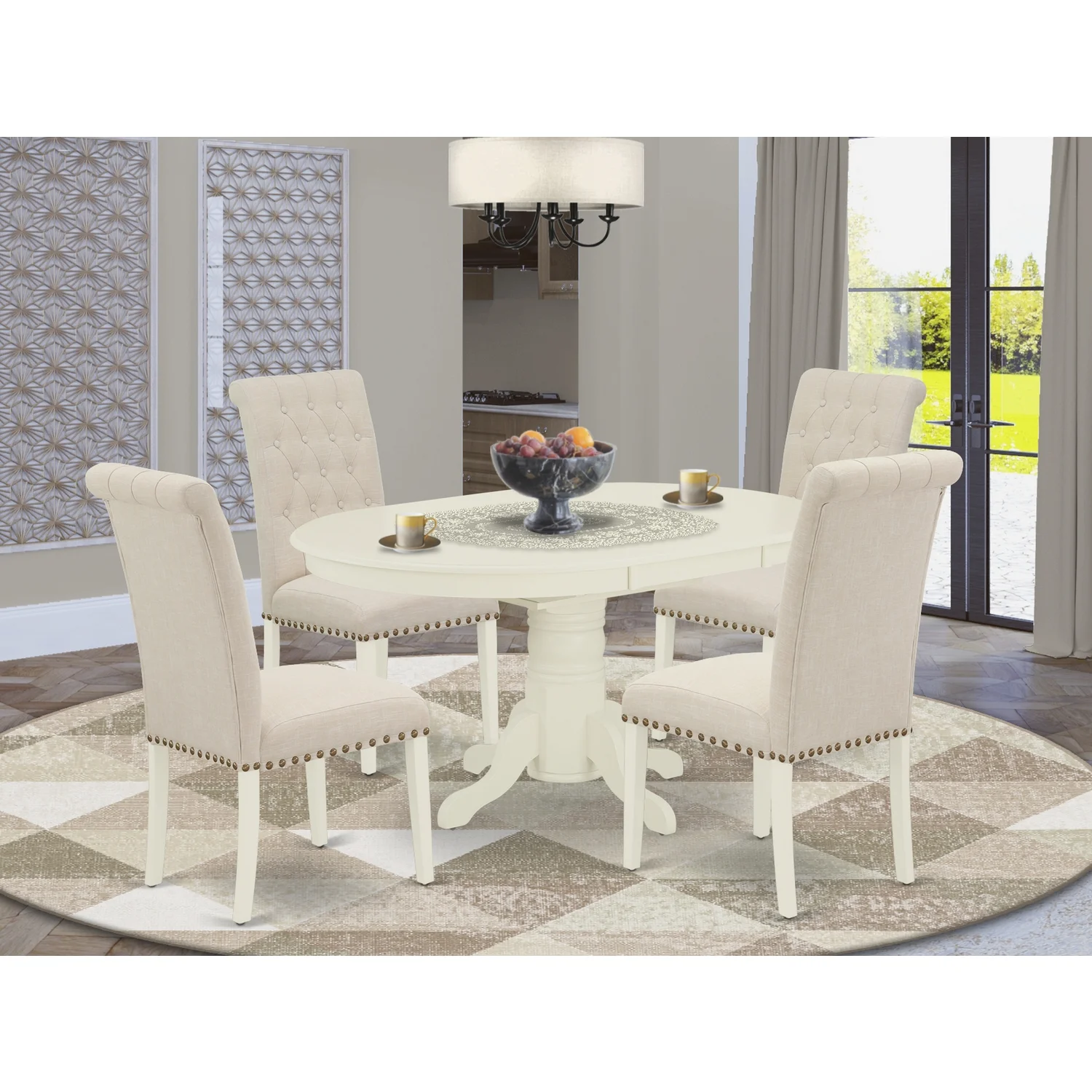 HomeStock Earthy Elements 5Pc Dining Set Includes An Oval Dinette Table With Butterfly Leaf And Four Parson Chairs With Light Beige Fabric, Linen White Finish