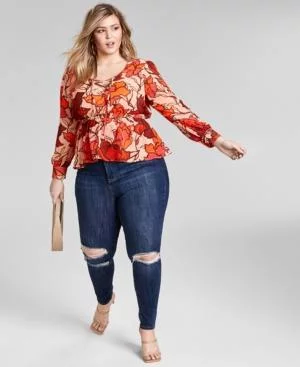 MSRP $89 Nina Parker Womens Trendy Plus Size Floral Lace-Up Blouse Size 1X