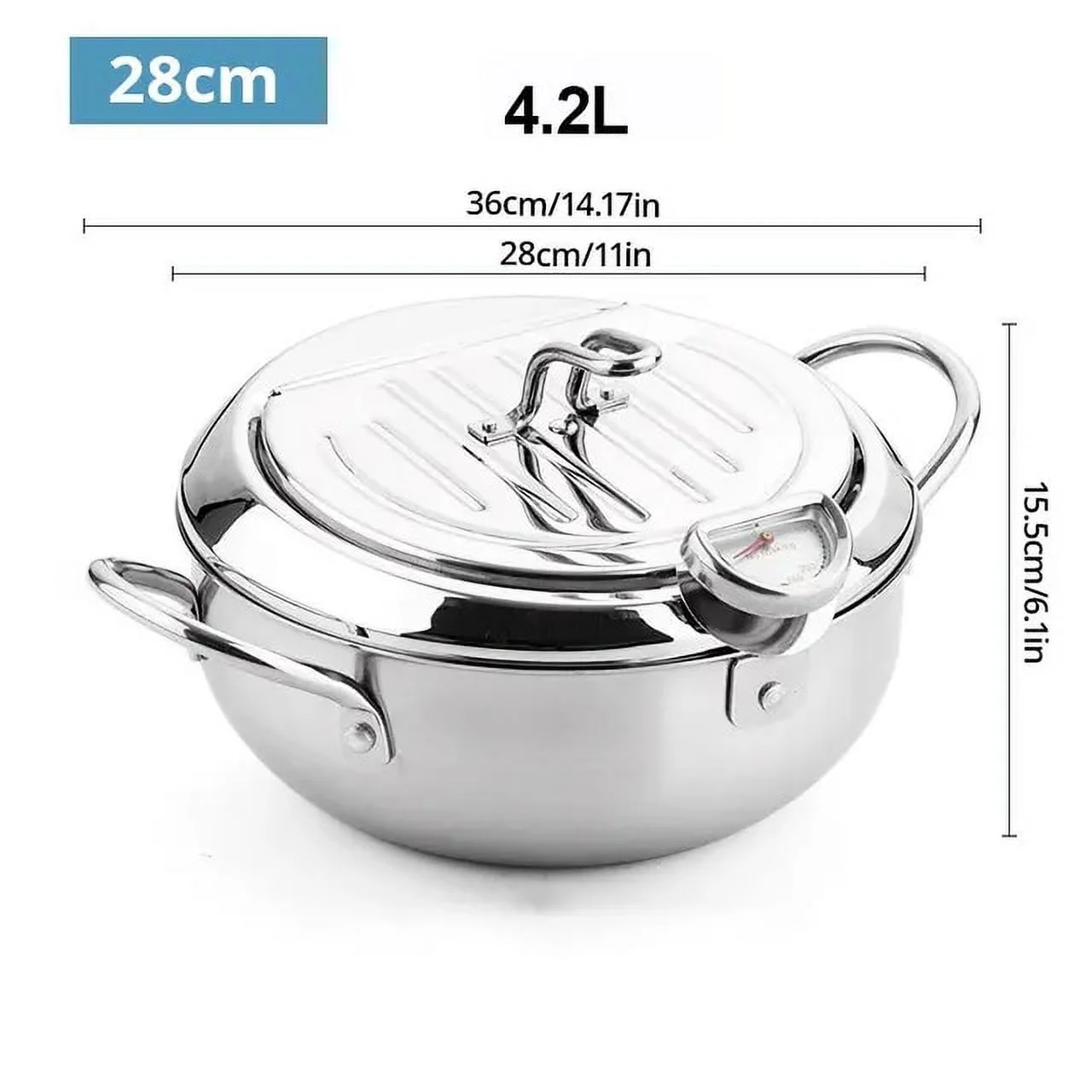 Premium Stainless Steel Oil Pan with Thermometer and Cover: Ideal for Tempura, French Fries, and Oil-Saving Frying, 4.2LPan