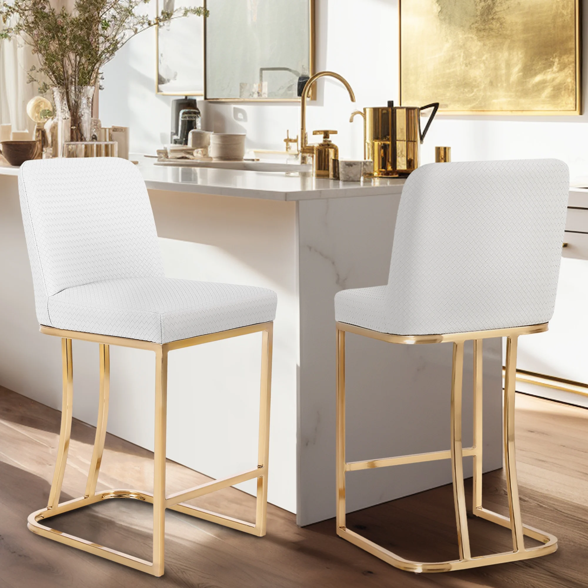 Summit Living 24 inch White & Gold Counter Bar Stools with Back Set of 2 for Kitchen Dining Faux Leather Barstools