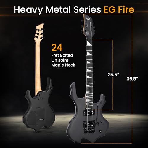 Pyle Heavy Metal EG Fire Electric Guitar Axe w/ Amplifier Kit, Full Size Instrument w/ Practice Amp & Accessories, Black Matte