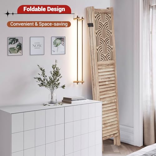 GarveeHome 4 Panel Room Dividers, 67 in Tall Decorative Cutout Wooden Privacy Screen, Freestanding Foldable Room Partitions Walls for Bedroom, Living Room, Office, Natural