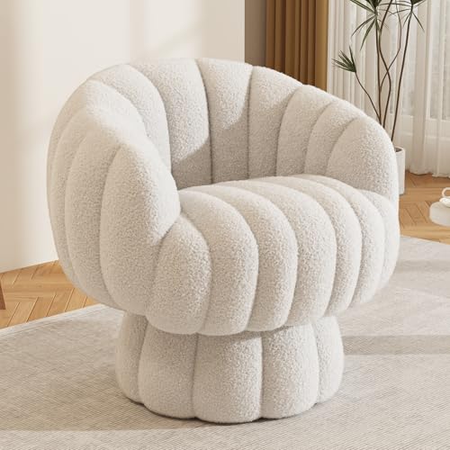 Mid Century Modern 360 Degree Barrel Swivel Accent Sofa Chair,Fluffy Velvet Fabric Lounge Wide Upholstered Pumpkin Reading Chair, Round Cloud Armchair for Living Room,Bedroom,Vanity(Beige)