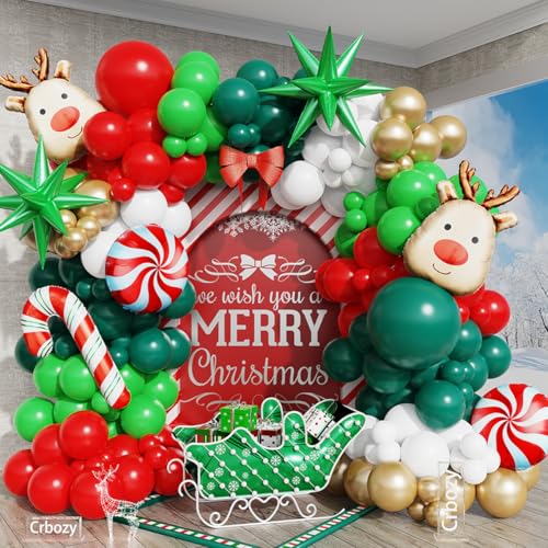158Pcs Christmas Balloon Arch Garland Kit, Xmas Red Green White Gold Latex Balloons with Candy Cane Elk Deer Foil Balloons for Christmas New Year Winter Holiday Birthday Party Decorations