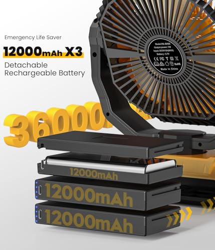 36000mAh Portable Camping Fan - 150HRS Rechargeable Fan with Detachable Battery with LED & Remote - 4 Speeds Battery Powered for Tent,Travel, Office, Jobsite