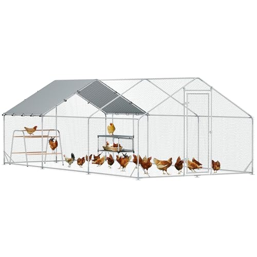 PawHut Large Metal Chicken Coop, Walk in Chicken Run with Waterproof & Anti-UV Cover, Feeding Door, Hanging Feeder, Perch, Outdoor Duck Cage Rabbit Hutch Pen, for 24-30 Poultries, 9.8' x 26.2' x 6.4'