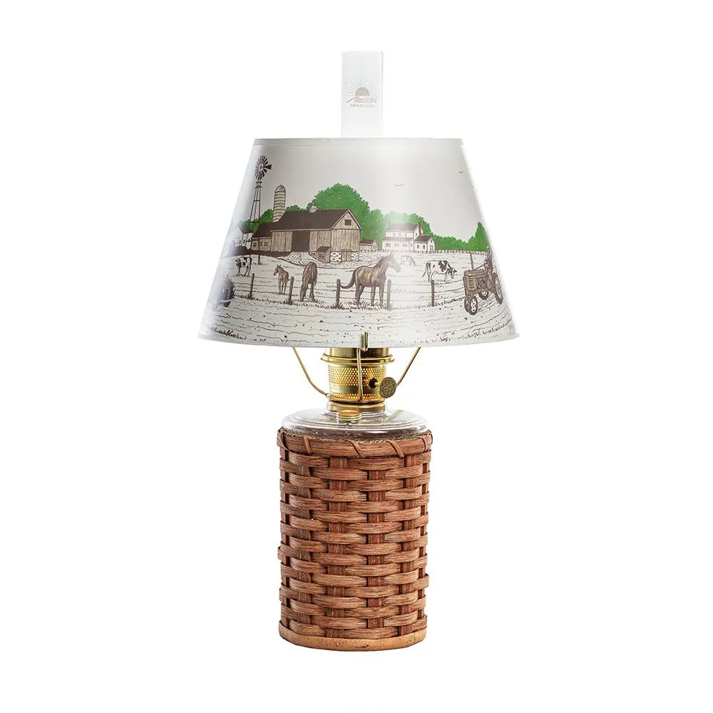 Aladdin Heartland Wicker Oil Lamp with Peace Love Farm Shade, Brass