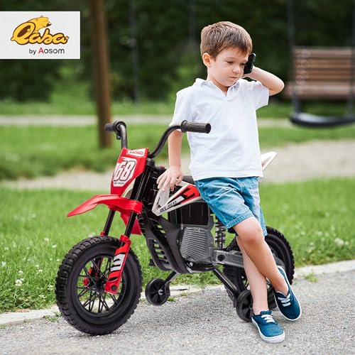 Qaba Kids Dirt Bike with Twist Grip Throttle, 12V Electric Motorcycle, Electric Bike for Toddler with Training Wheels, Rear Suspension & Music for Ages 3-6 Years, Red