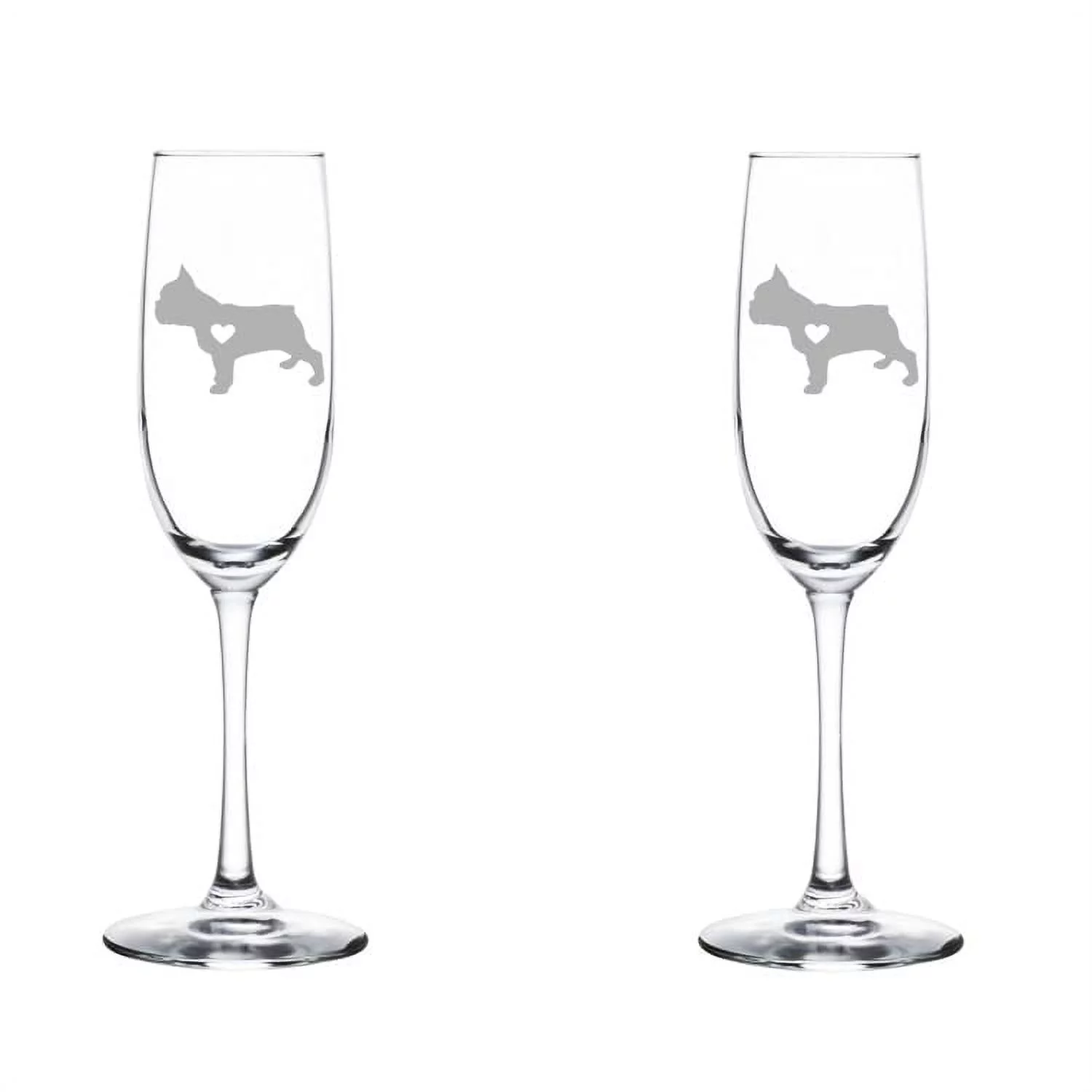 Set of 2 Glass Champagne Flutes Sparkling Wine Glasses Cute French Bulldog With Heart (8 oz Stemmed)