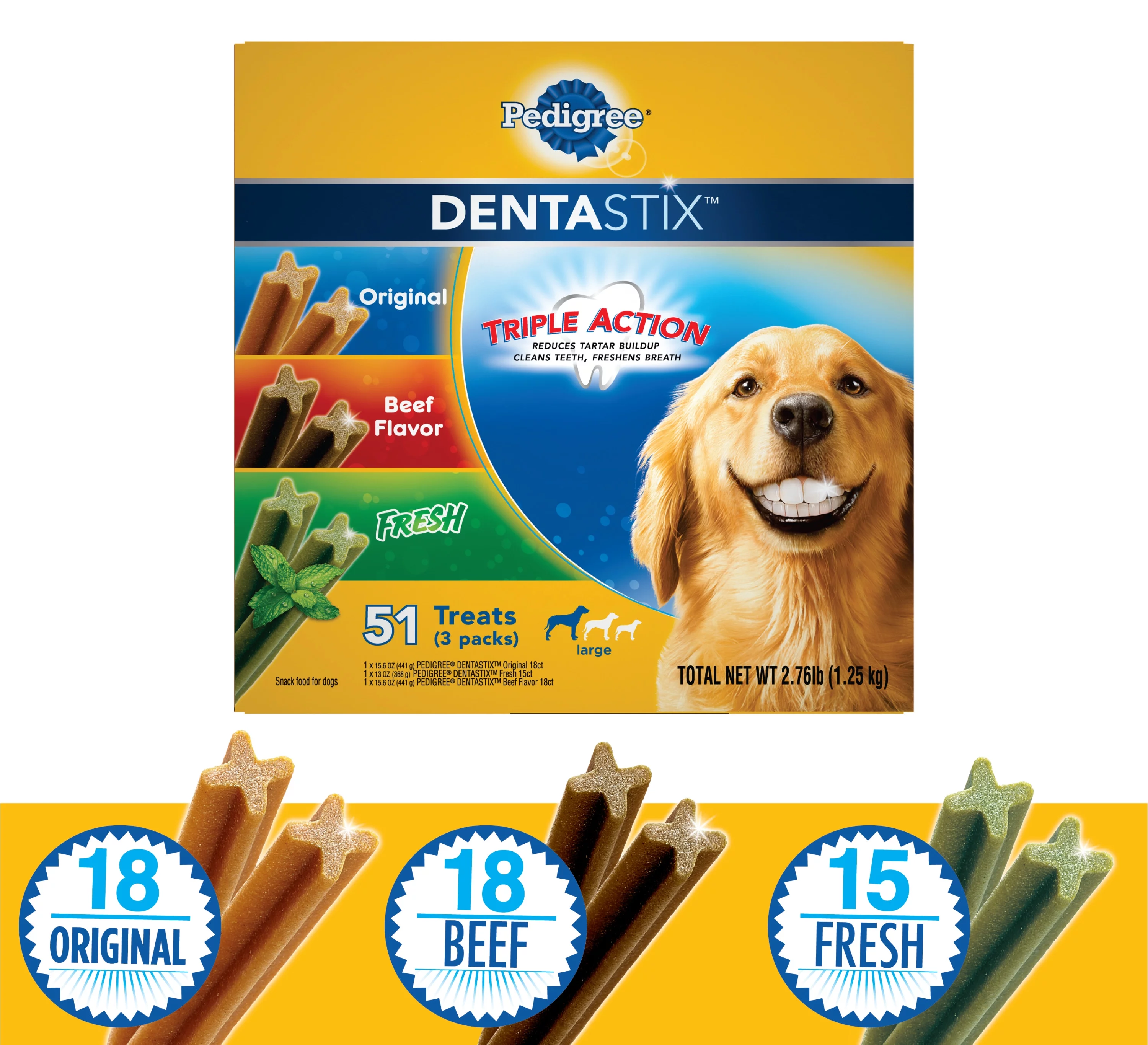 Pedigree DentaStix Beef, Chicken & Mint Flavor Dental Treat for Dog, 2.76 lb. (51 Count)