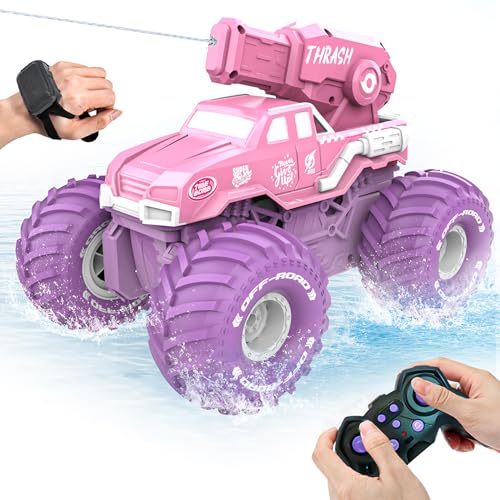 BEZGAR 1:16 Monster Truck Remote Control Car - Amphibious RC Off-Road Pickup Boat with Shooting Splash - 2.4GHz 4WD Waterproof All-terrian Pool Toy Vehicles Summer Gifts for Kids Boys Girls Age 6-12