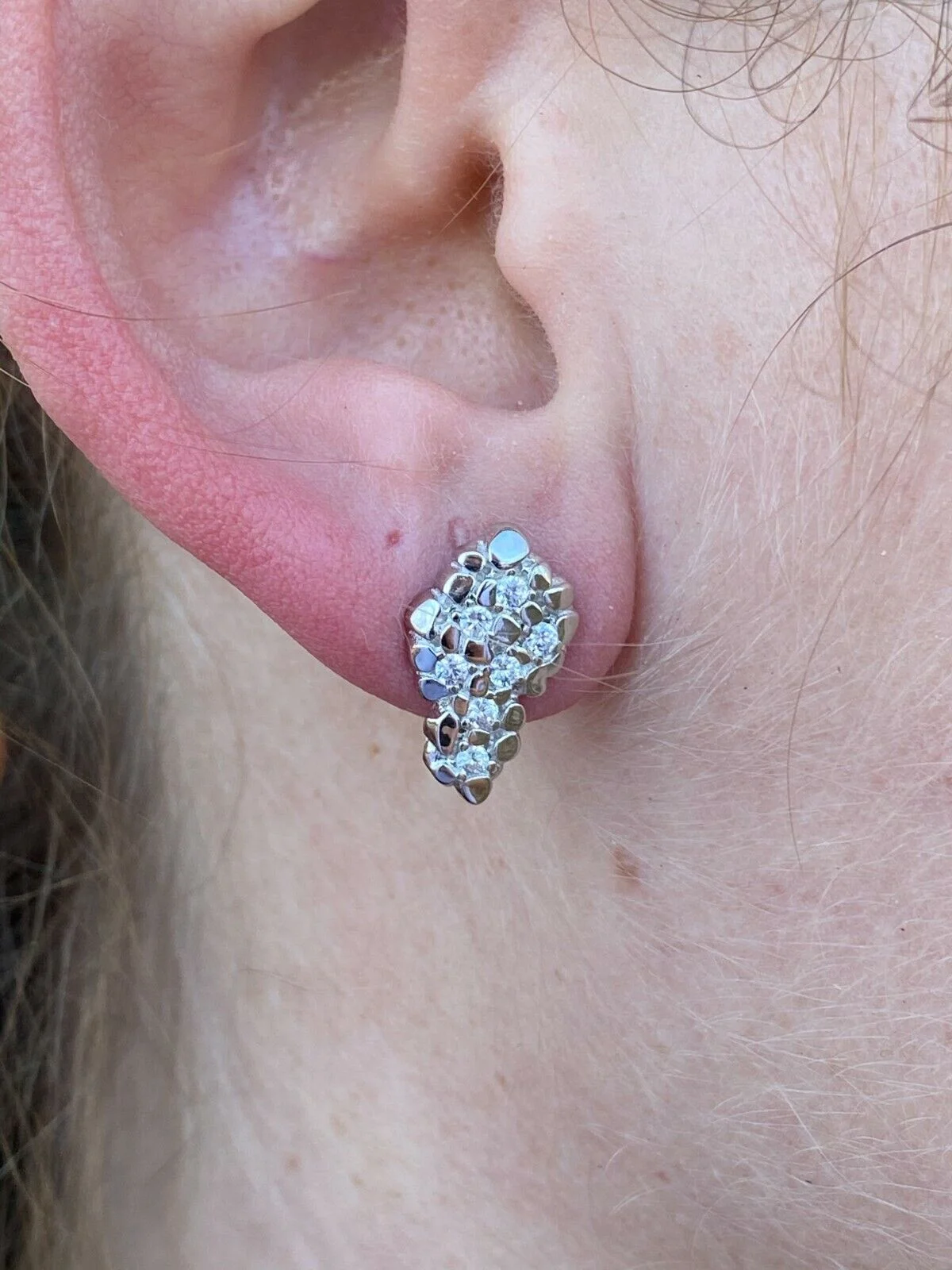 Mens HipHop Real Solid 925 Sterling Silver CZ Nugget Earrings Large Iced Studs