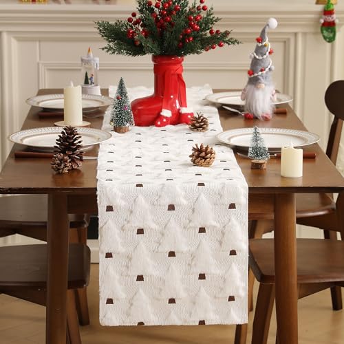 Christmas Tbale Runner 13x72 Inch Soft Plush Faux Fur Jacquard Beige Christmas Tree Table Runner, Seasonal Autumn Kitchen Dining Table Decoration for Home Party Decor ZR001A72