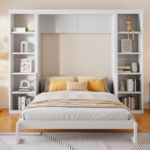White Murphy Wall Bed Queen Size with Desk & Bookcase,Space-Saving Design,No Box Spring Needed
