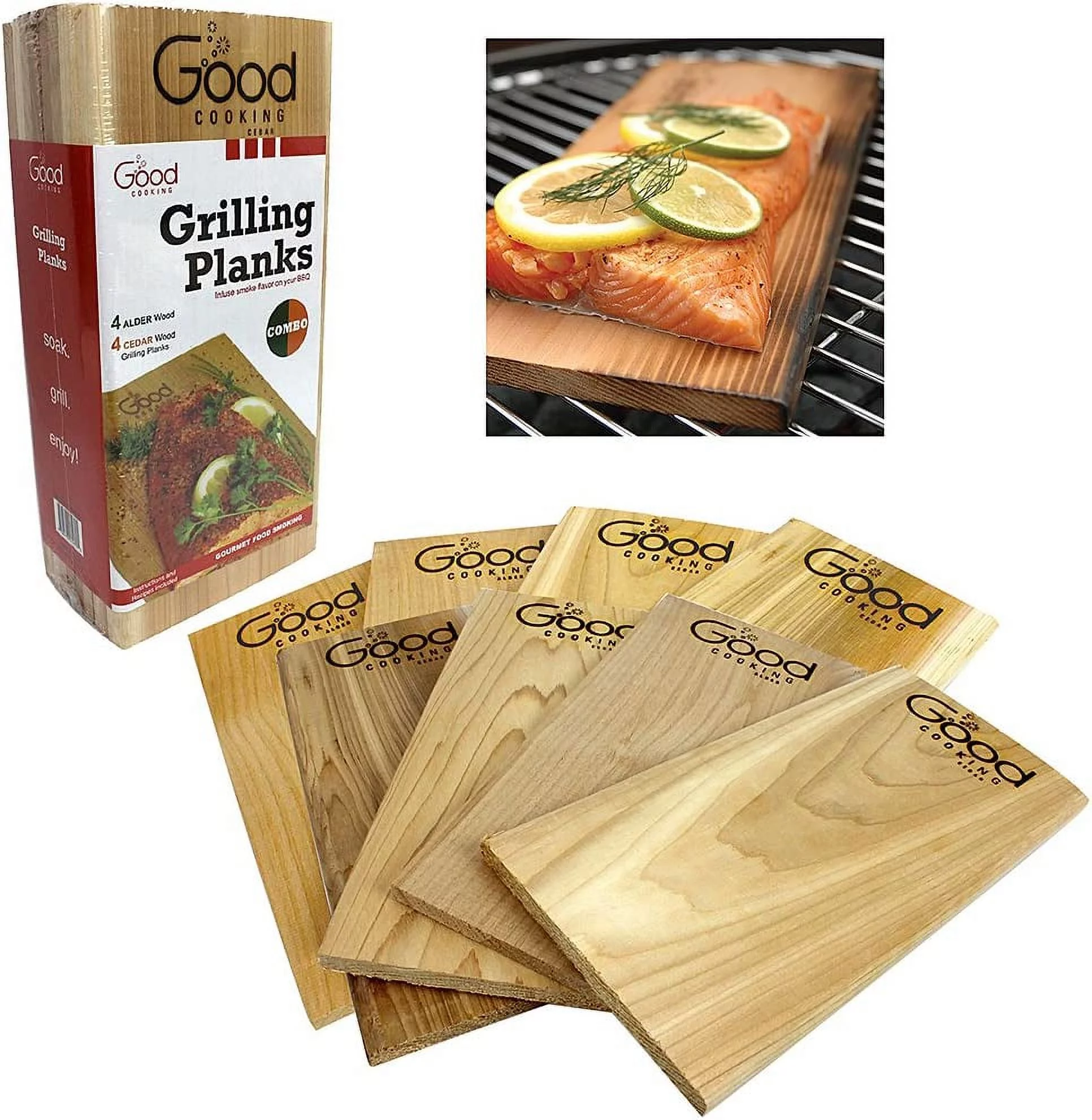 Good Cooking Grilling Planks - Outdoor Barbecue Smoking Grill Planks Variety Pack - Set of 8 (4 Alder, 4 Cedar) - Thicker for Longer Use