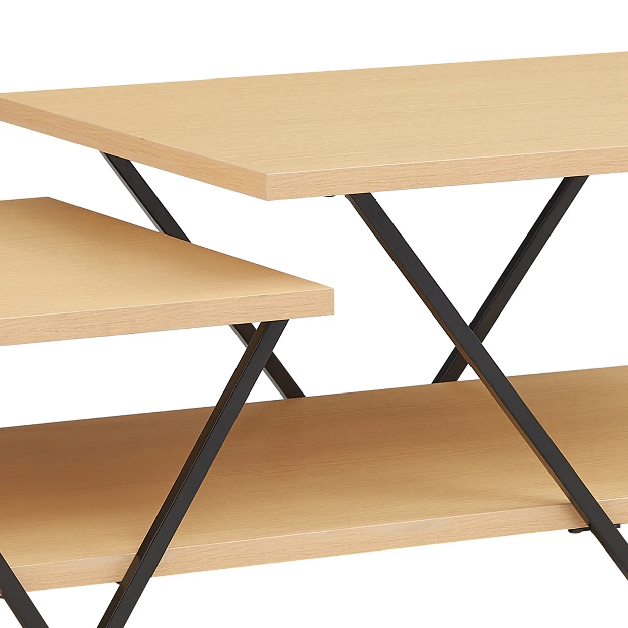 48 Inch 2 Tier Top Coffee Table with Bottom Shelf, V Shape Black Metal Legs, Light Maple Wood