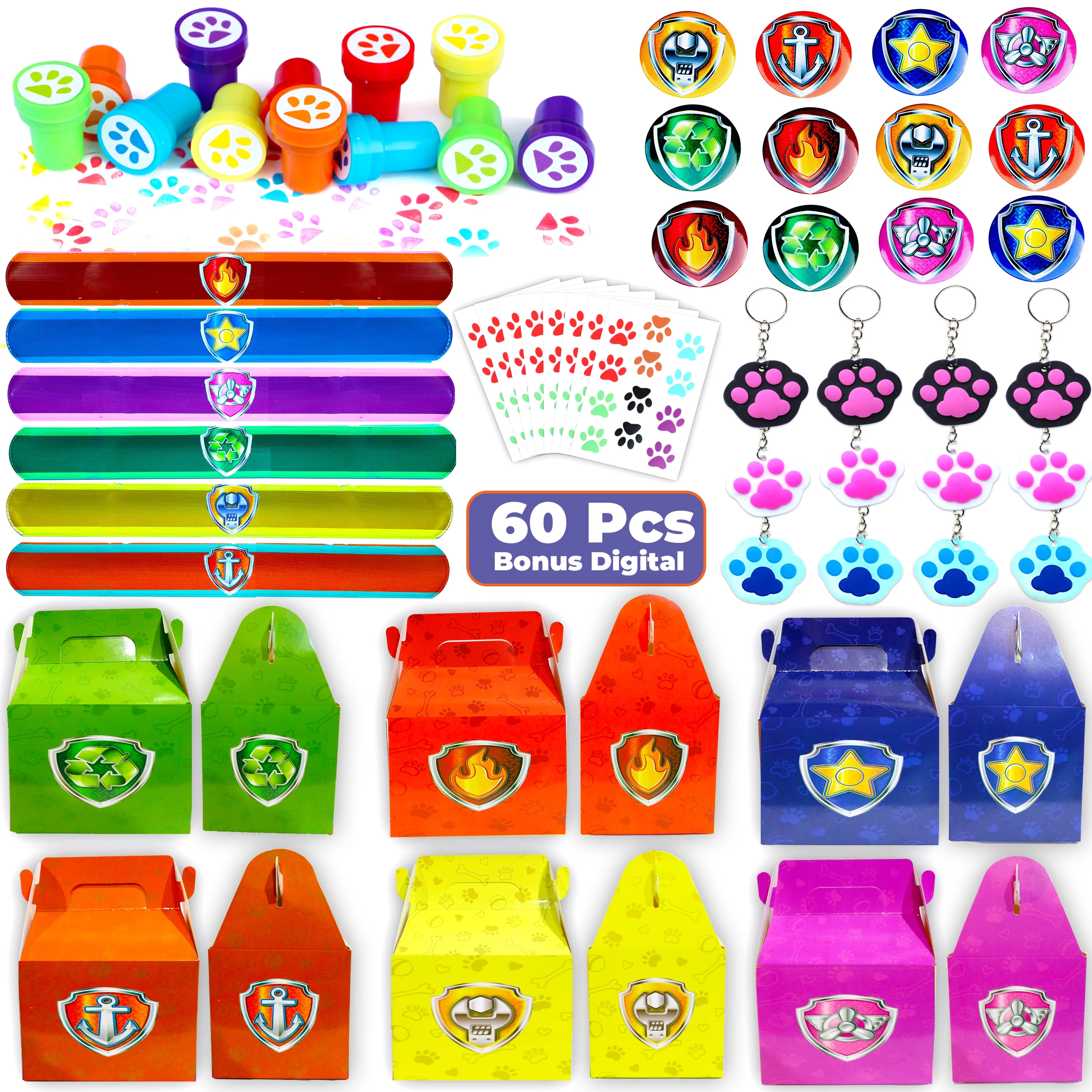 60 Pc Dog Paw Party Favors, Puppy Patrol Theme Treat Box Wristband Badge Pin Keychain Birthday Party Supplies