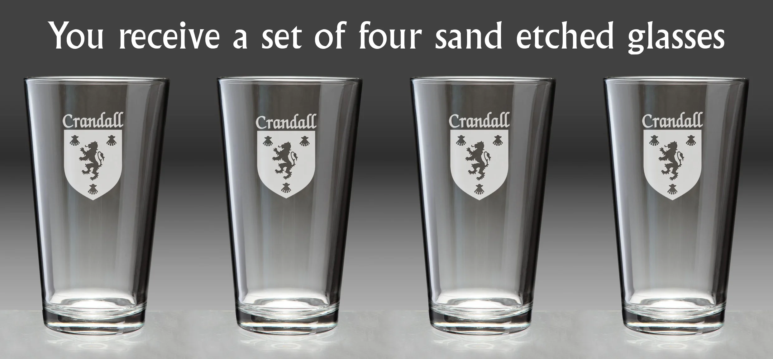 Crandall Irish Coat of Arms Pint Glasses - Set of 4 (Sand Etched)