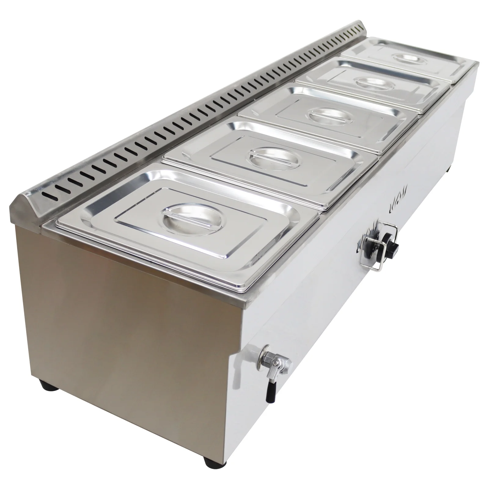 PreAsion Propane Gas Food Warmer Bain-Marie Buffet Steam Table 5 Pan Stainless Steel Countertop Food Warmer