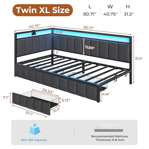 DICTAC Corner Full Bed Frame with 2 Storage Drawers and Charging Station Full Size Platform Bed Frame with Led Lights and Upholstered Guardrail Daybed for Living Room, Bedroom and Guest Room, Gray
