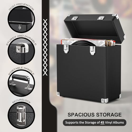 Vinyl Record Storage Box, Waterproof and Dustproof Portable LP Display Box, Can Hold 50 7/10/12 Inch Record Boxes, Soft Felt Lining Can Better Protect Records, Suitable for Music Collector（Black）