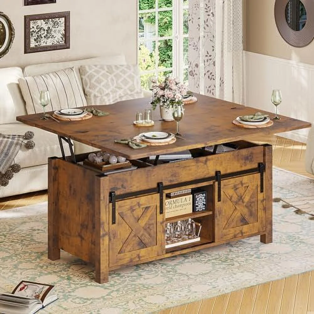 Lift Top Coffee Table  4 in 1 Convertible Coffee Tables with  and Hidden Compartment for Living Room  Farmhouse Coffee Table Converts to Dining Table  Dining Reception Room  Rustic Brown