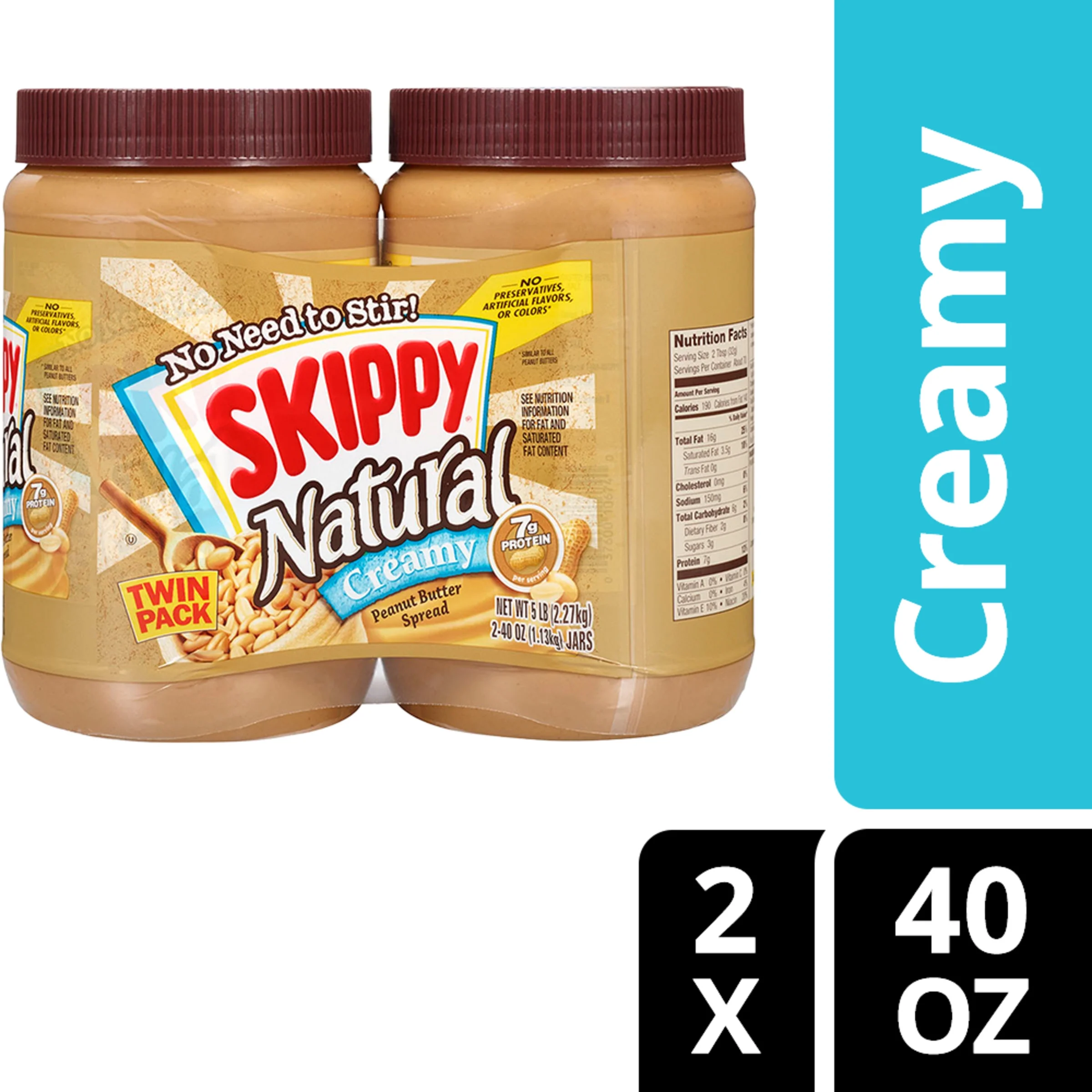 SKIPPY Natural Creamy Peanut Butter Spread, 7 g Protein Per Serving, 40 oz Plastic Jar Twin Pack