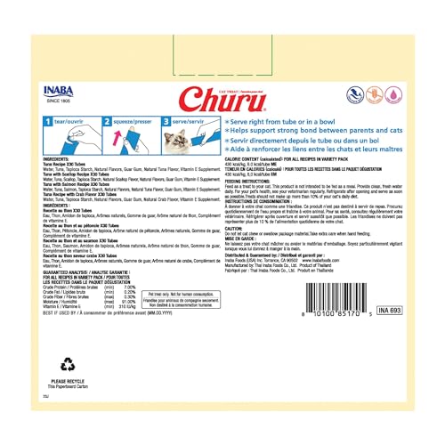 INABA Churu Cat Treats, Lickable, Squeezable Creamy Purée with Vitamin E, 0.5 Ounces per Tube, 120 Tubes Total, Chicken Variety