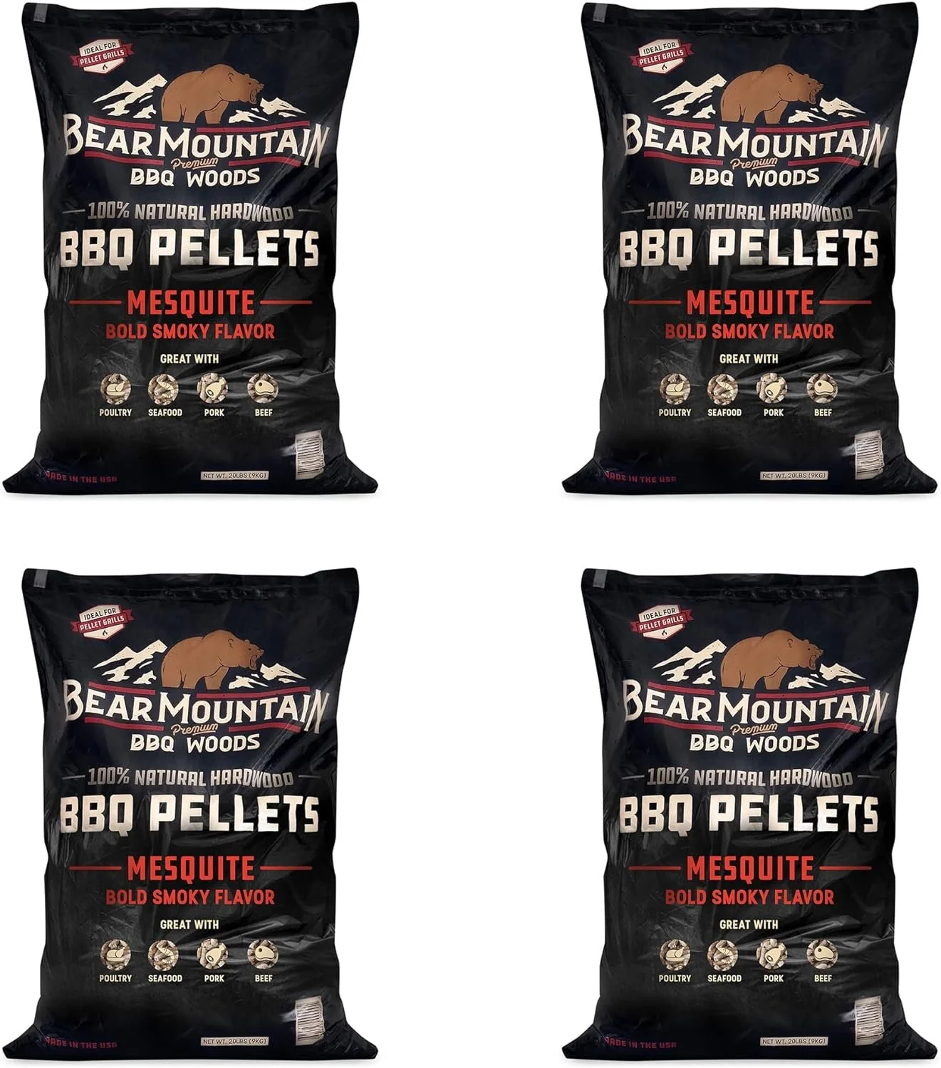 Bear Mountain BBQ FK17 Premium 20 Pounds All Natural Hardwood Mesquite BBQ Hardwood Smoker Pellets for Outdoor Electric Grilling and Smokers 4 Pack