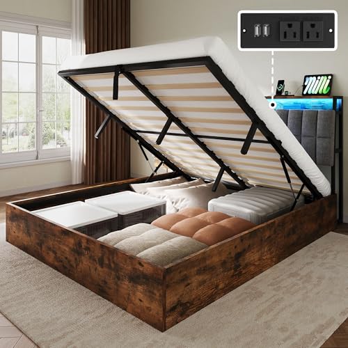 YITAHOME Queen Size Lift Up Bed with Charging Station & RGB LED Lights, PU Leather Upholstered Platform Storage Bookcase Headboard Bed, Heavy Duty Metal Slats, No Box Spring Needed, Noise Free, Black
