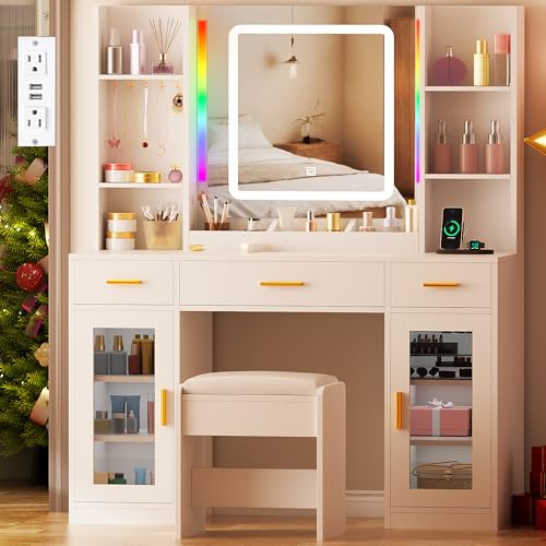ANWBROAD Vanity Desk with Mirror and Lights 3 Colors 43.3