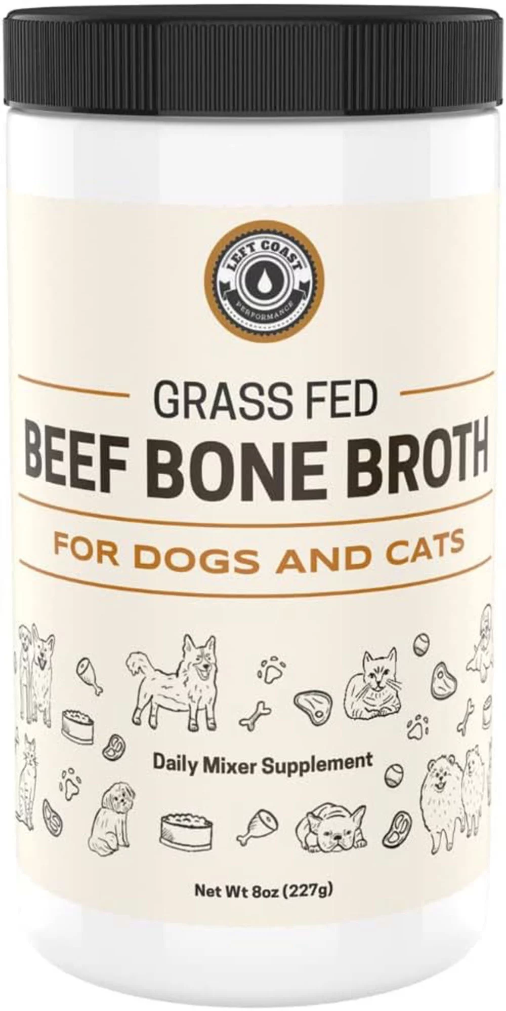 Left Coast Performance 8oz Beef Bone Broth Powder for Dogs and Cats | Premium Grass-Fed Beef Broth Topper for Picky Eaters | Supports Joints and Gut Health | Bone Broth for Cats