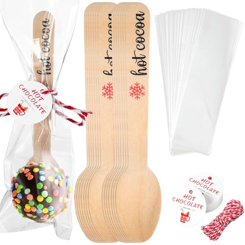 100 Set Christmas Wooden Spoons Hot Cocoa Chocolate Marshmallow Bar Stirring Spoons Chocolate with Tag Bag Rope Gift for Cake Candy Baking (Gingerbread,Delicate)