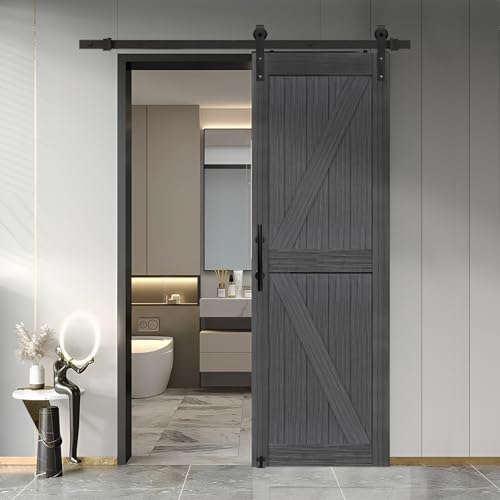 S&Z TOPHAND® 20 in x 84 in Elephant Gray British Brace Knotty Barn Door with 4FT Sliding Door Hardware Kit/Double -Sided Door Handle/Solid Wood/Sliding Door/Double Surfaces/Simple Assembly is Required