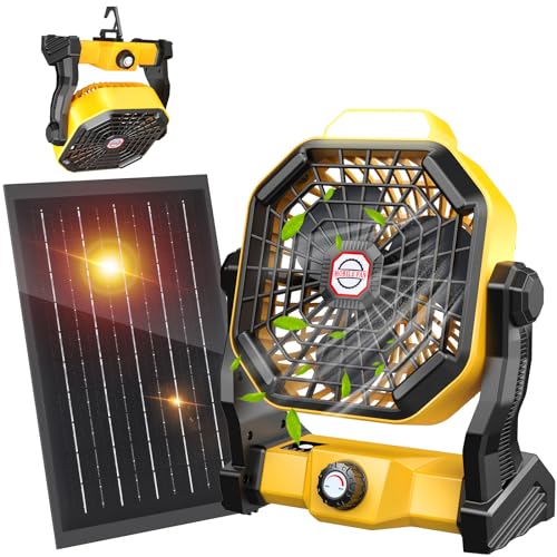 10400mAh Solar Fan with LED Lantern, Camping Fan with Solar Panel, 7W Rechargeable Solar Powered for Outside, Quiet Battery Operated Tent for Picnic, Barbecue, Fishing, Travel
