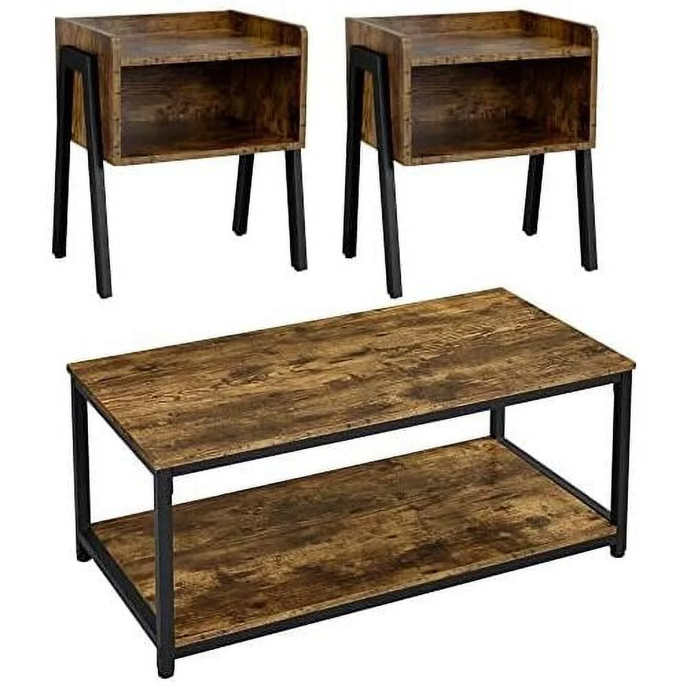 Industrial Living Room 3-Piece Table Sets - Includes Coffee Table & Two End Sofa Side Tables, Wood Home Accent Furniture, Easy Assembly, Rustic Brown