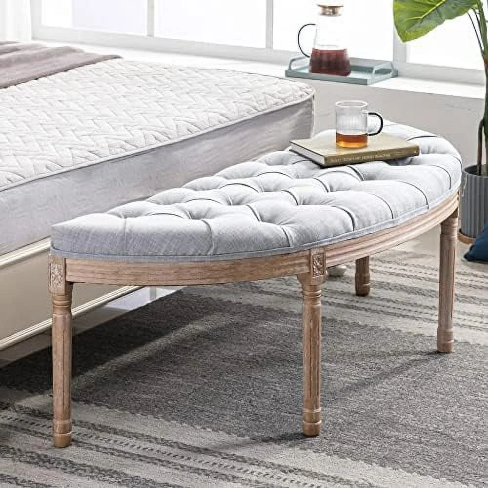 NLIBOOMLife End of Bed Bench Vintage Half  Upholstered Fabric Semi-Circle Entryway Bench with Padded Seat & Rubberwood Legs  55" Tufted Small Dining Bench for Bedroom Living Room