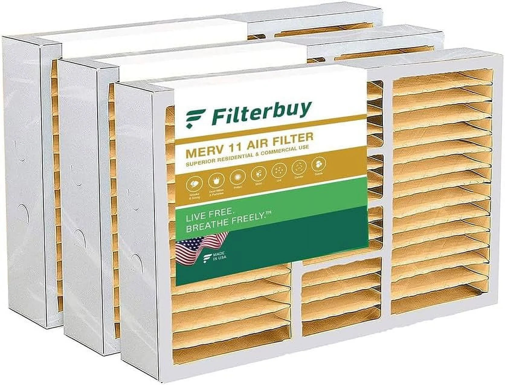 Filterbuy 16x25x5 MERV 11 Pleated HVAC AC Furnace Air Filters for Honeywell FC100A1029, Lennox X6670, Carrier, Bryant, & More (3-Pack)