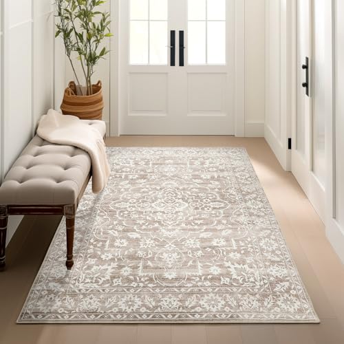 8x10 Area Rugs for Living Room, Stain Resistant Washable Rugs for Dining Room, Kitchen, Floral Vintage Non-Slip Thin Large Beige Rug