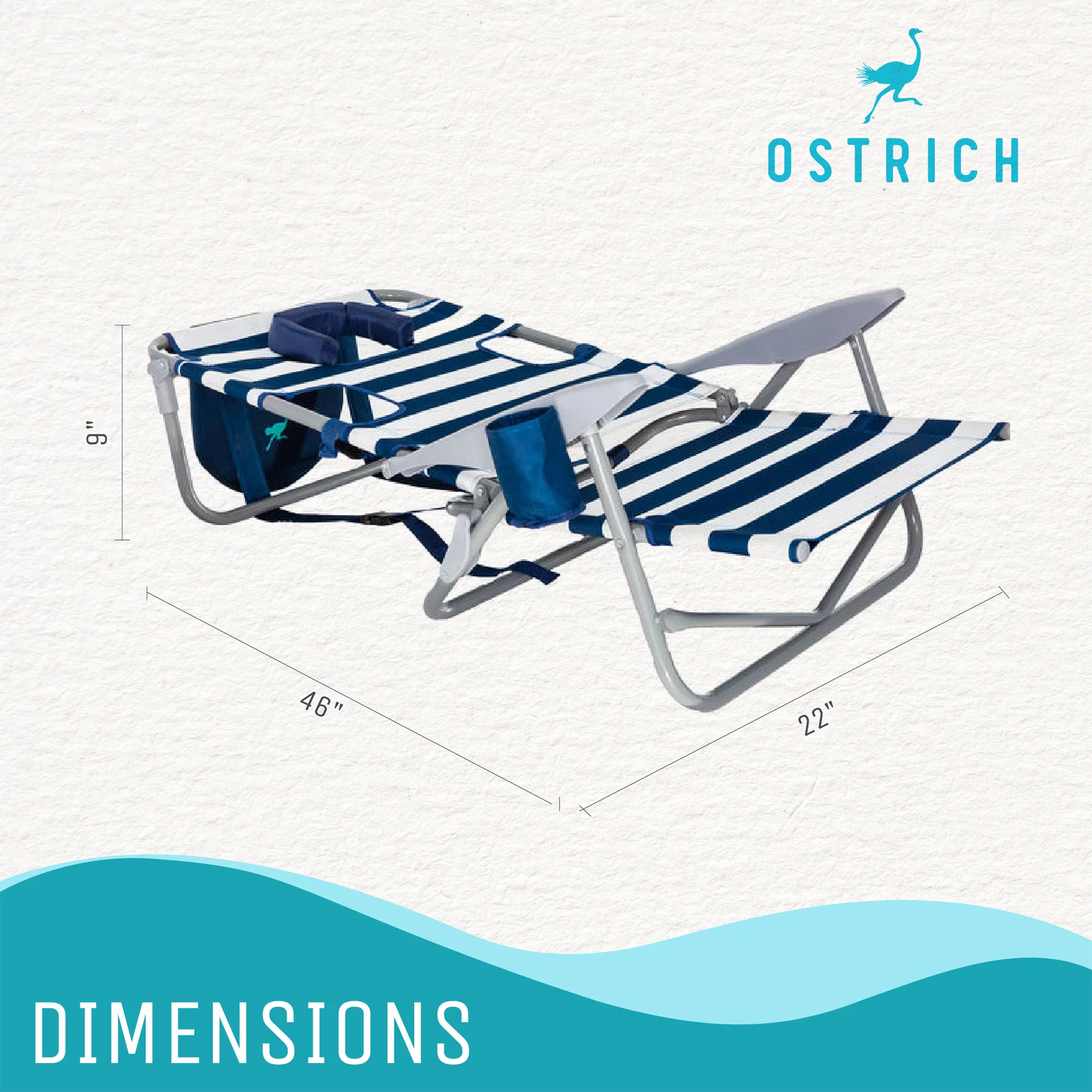 Ostrich 3N1 Reclining Beach Chair & On-Your-Back Beach Chair, Striped Blue